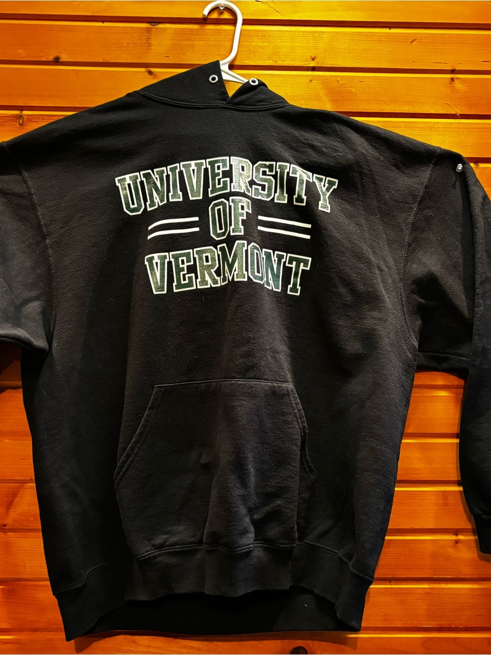 Jerzees Black Hoodie with Green and White University of Vermont Print